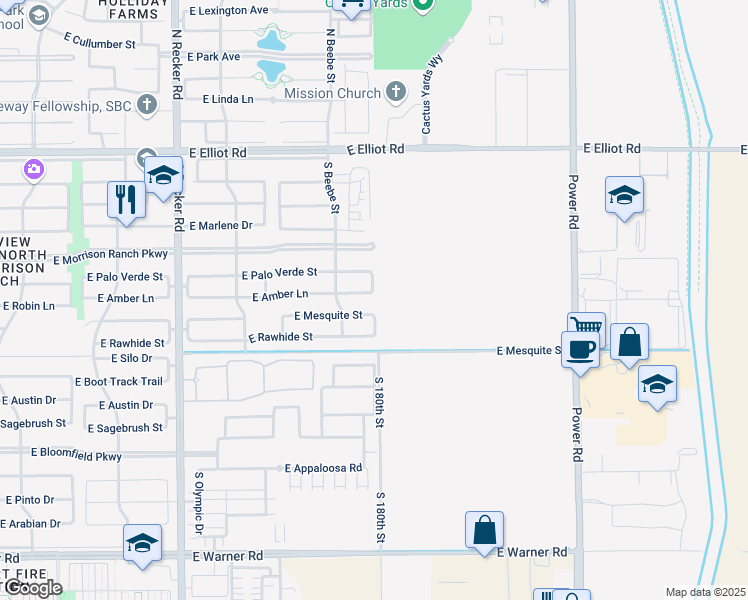 map of restaurants, bars, coffee shops, grocery stores, and more near 4383 East Amber Lane in Gilbert