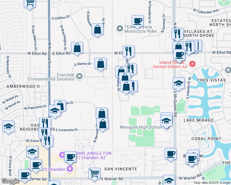 map of restaurants, bars, coffee shops, grocery stores, and more near 264 South Hamilton Place in Gilbert