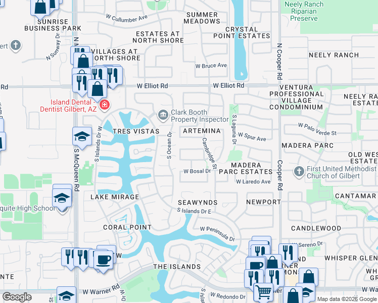 map of restaurants, bars, coffee shops, grocery stores, and more near 1149 West Mesquite Street in Gilbert