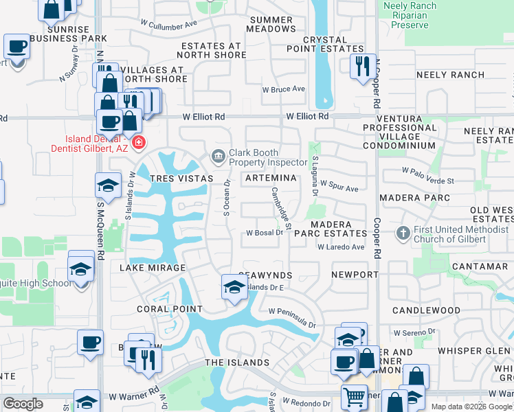 map of restaurants, bars, coffee shops, grocery stores, and more near 1149 West Mesquite Street in Gilbert