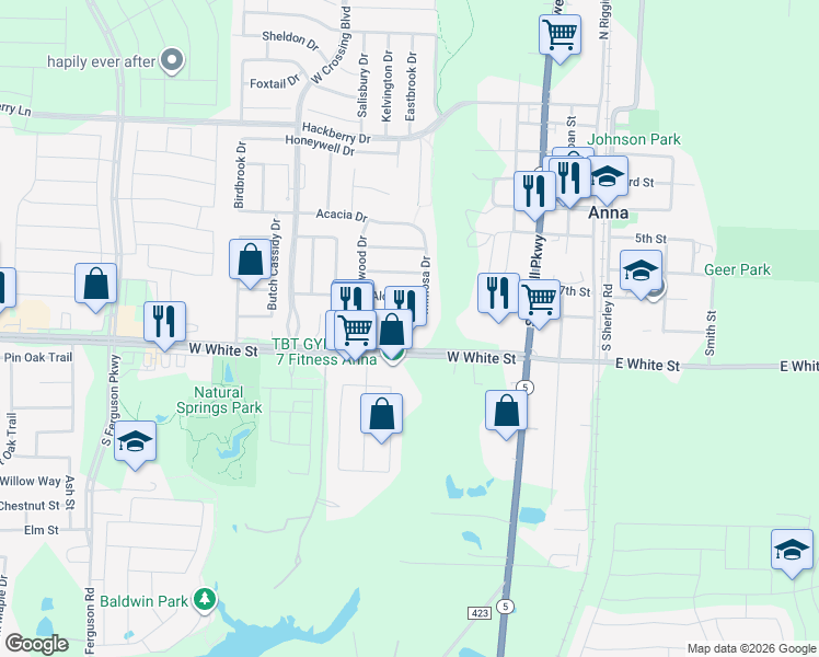 map of restaurants, bars, coffee shops, grocery stores, and more near 717 Bamboo Drive in Anna
