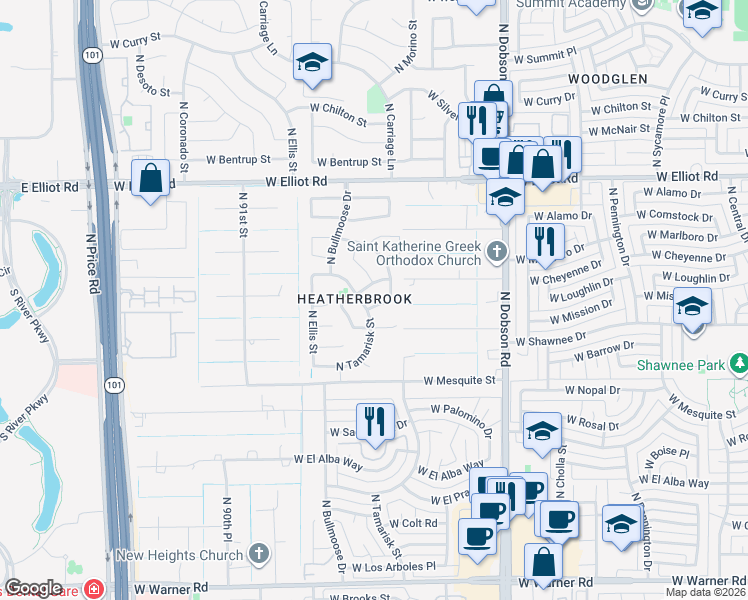 map of restaurants, bars, coffee shops, grocery stores, and more near 2339 West Mission Drive in Chandler