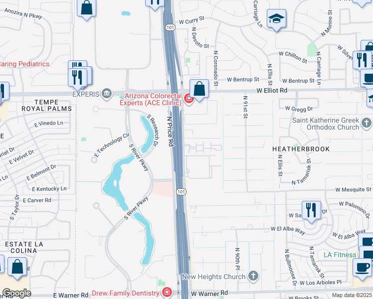 map of restaurants, bars, coffee shops, grocery stores, and more near 2727 North Price Road in Chandler