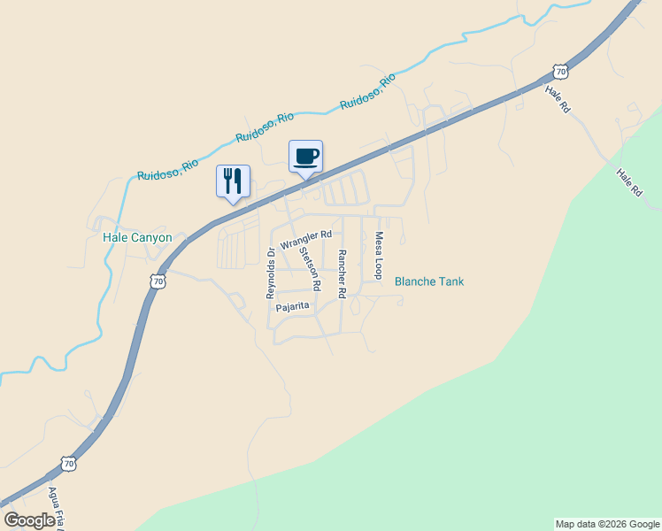 map of restaurants, bars, coffee shops, grocery stores, and more near Arrowhead in Ruidoso Downs