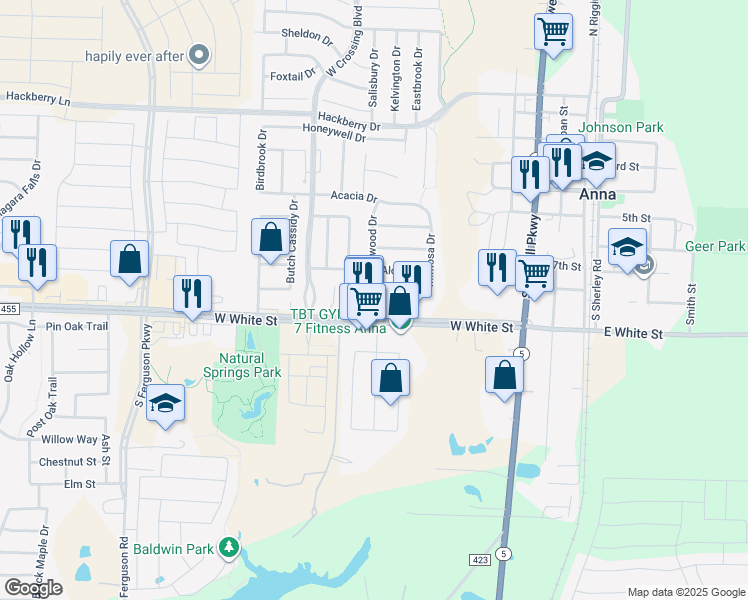map of restaurants, bars, coffee shops, grocery stores, and more near 901 Bamboo Drive in Anna