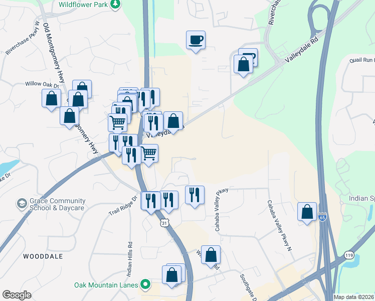map of restaurants, bars, coffee shops, grocery stores, and more near 2046 Parkview Road in Pelham