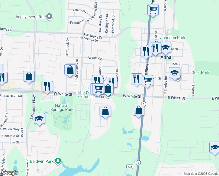 map of restaurants, bars, coffee shops, grocery stores, and more near 717 Bamboo Drive in Anna