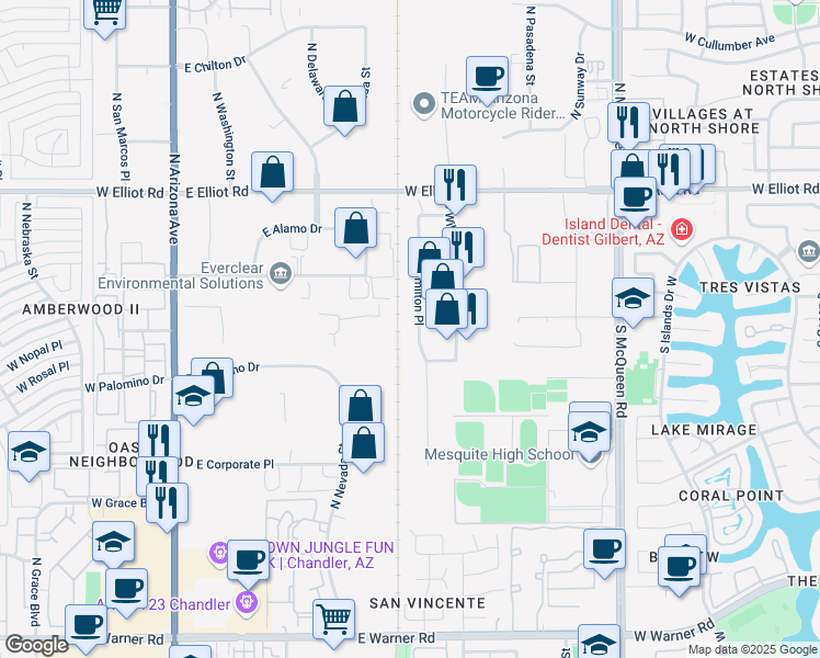 map of restaurants, bars, coffee shops, grocery stores, and more near 264 South Hamilton Place in Gilbert