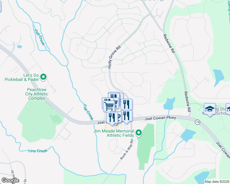 map of restaurants, bars, coffee shops, grocery stores, and more near 1121 Twin Bridge Ln in Peachtree City
