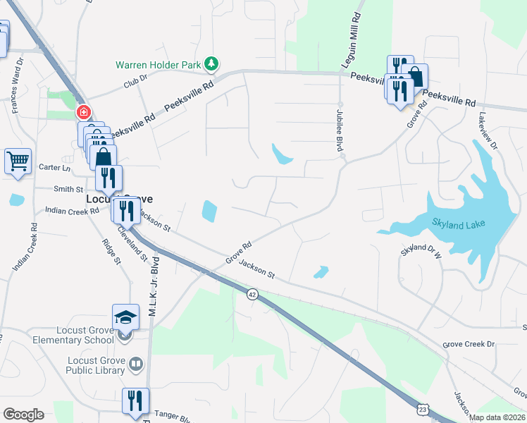 map of restaurants, bars, coffee shops, grocery stores, and more near 125 Pristine Drive in Locust Grove