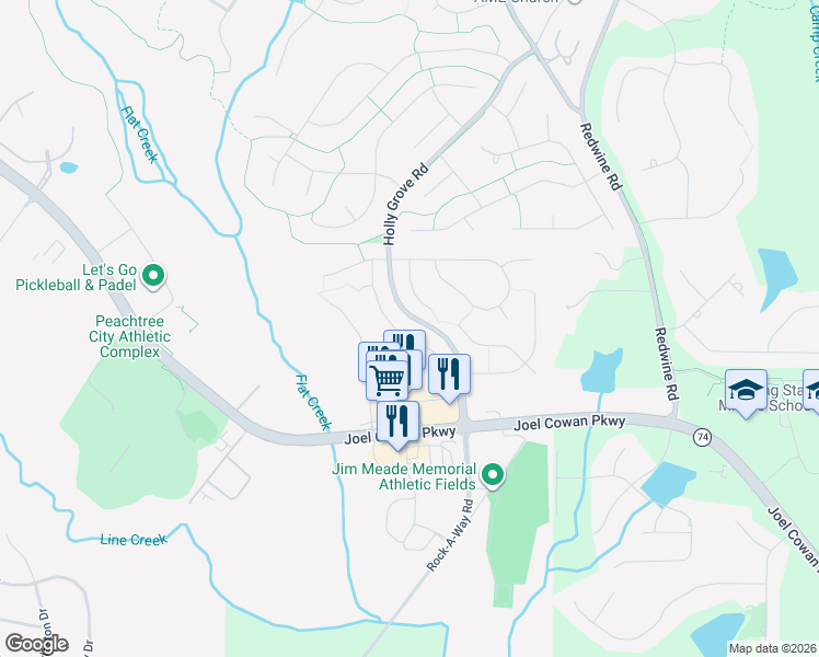 map of restaurants, bars, coffee shops, grocery stores, and more near 1121 Twin Bridge Lane in Peachtree City