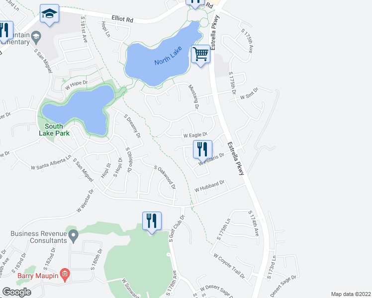 map of restaurants, bars, coffee shops, grocery stores, and more near 17709 West Copper Ridge Drive in Goodyear