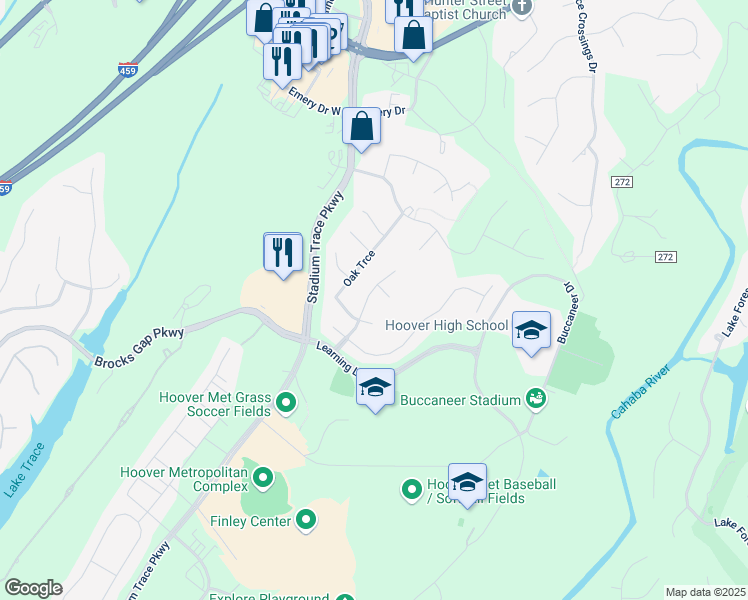 map of restaurants, bars, coffee shops, grocery stores, and more near 5188 Park Trace Drive in Hoover