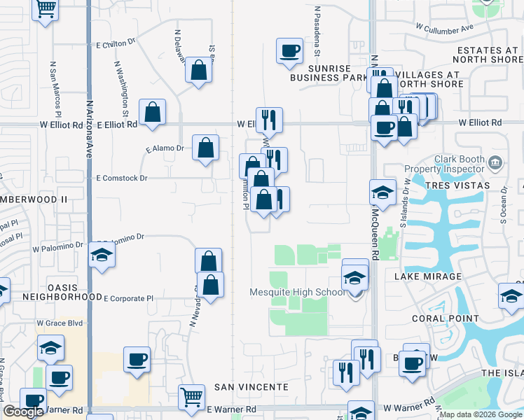 map of restaurants, bars, coffee shops, grocery stores, and more near 170 South William Dillard Drive in Gilbert