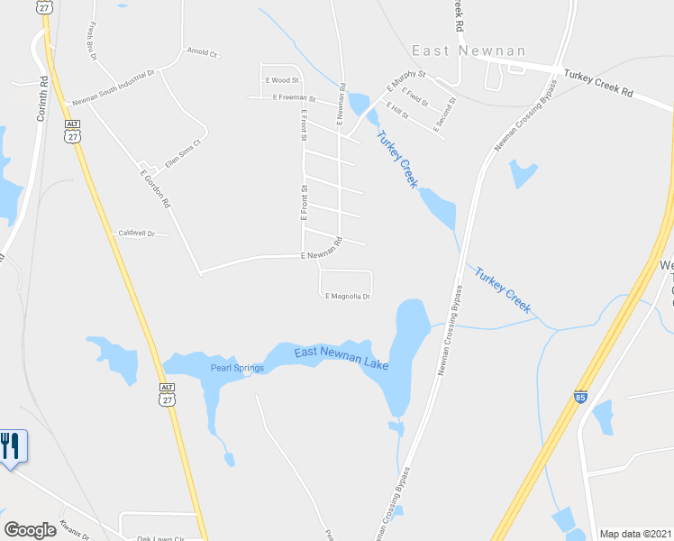 map of restaurants, bars, coffee shops, grocery stores, and more near 38 East Magnolia Drive in Newnan