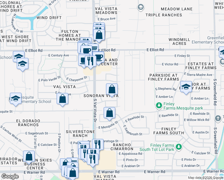 map of restaurants, bars, coffee shops, grocery stores, and more near 1726 East Amber Lane in Gilbert