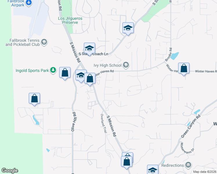 map of restaurants, bars, coffee shops, grocery stores, and more near 2622 Buena Rosa in Fallbrook