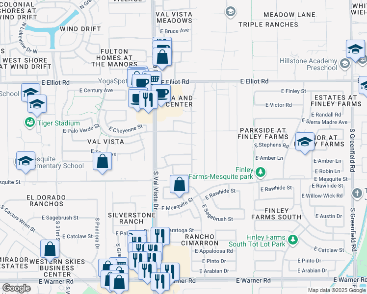 map of restaurants, bars, coffee shops, grocery stores, and more near 1726 East Amber Lane in Gilbert