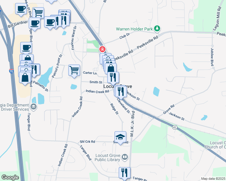 map of restaurants, bars, coffee shops, grocery stores, and more near 230 Cleveland Street in Locust Grove