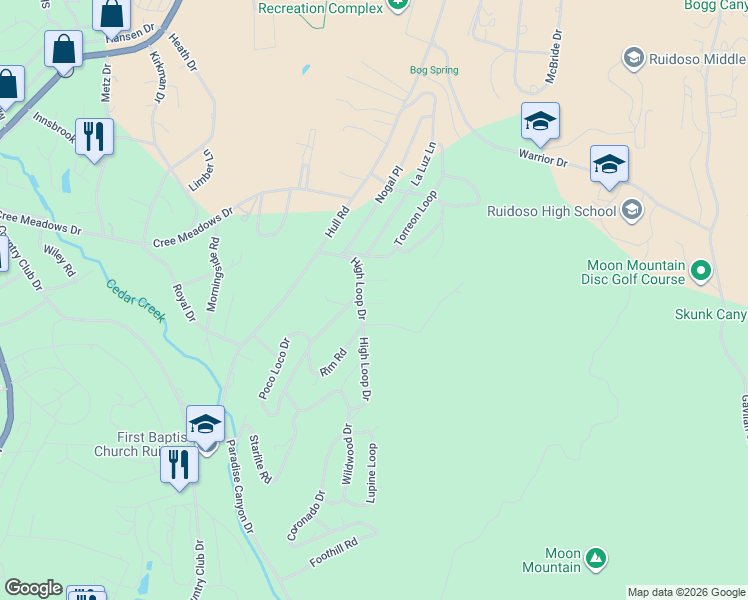 map of restaurants, bars, coffee shops, grocery stores, and more near 103-105 Arabella Road in Ruidoso