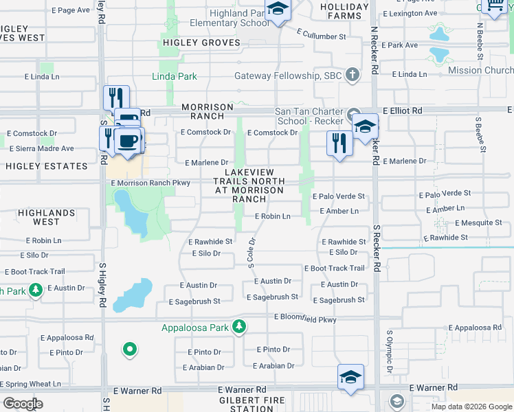 map of restaurants, bars, coffee shops, grocery stores, and more near 3632 East Robin Lane in Gilbert