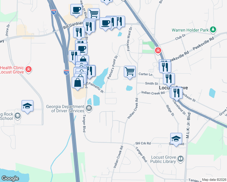map of restaurants, bars, coffee shops, grocery stores, and more near 200 Siesta Key Court in Locust Grove