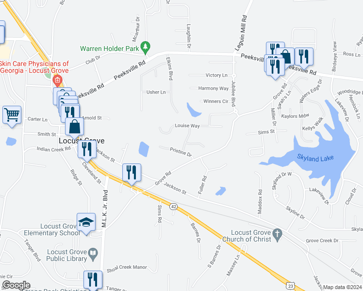 map of restaurants, bars, coffee shops, grocery stores, and more near 205 Adeline Lane in Locust Grove