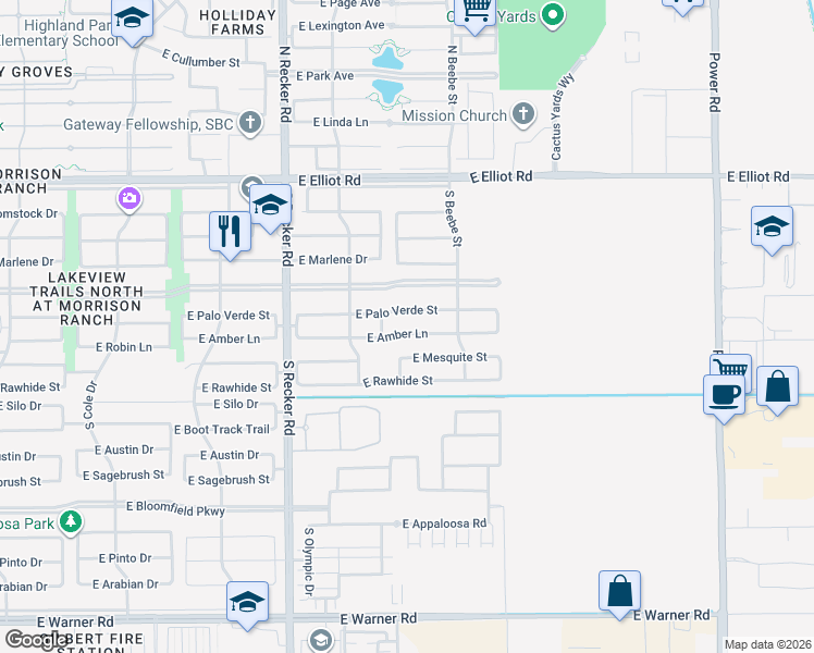 map of restaurants, bars, coffee shops, grocery stores, and more near 4253 East Amber Lane in Gilbert