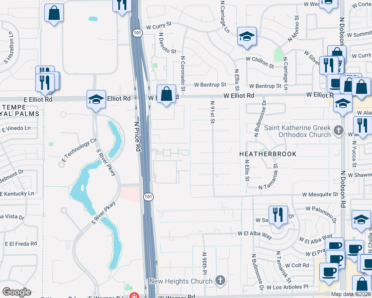 map of restaurants, bars, coffee shops, grocery stores, and more near 2631 West Loughlin Drive in Chandler