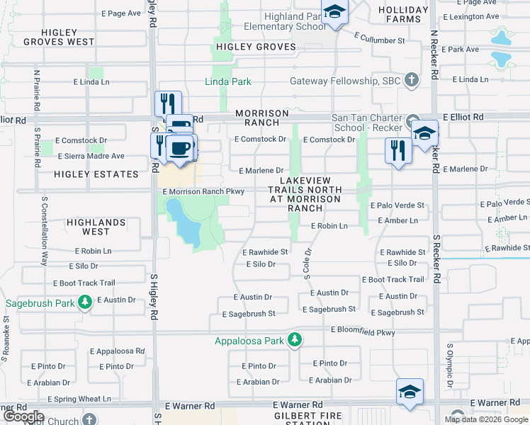 map of restaurants, bars, coffee shops, grocery stores, and more near 3541 East Amber Lane in Gilbert