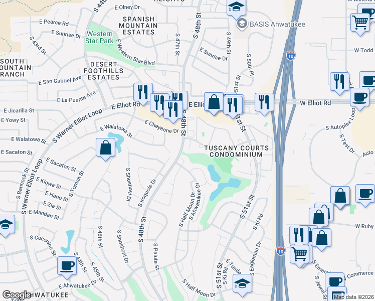 map of restaurants, bars, coffee shops, grocery stores, and more near 4840 East Lake Point Circle in Phoenix