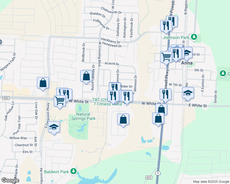 map of restaurants, bars, coffee shops, grocery stores, and more near 516 Dogwood Drive in Anna