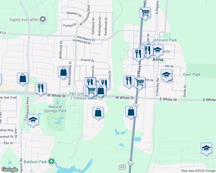 map of restaurants, bars, coffee shops, grocery stores, and more near 704 Bamboo Drive in Anna