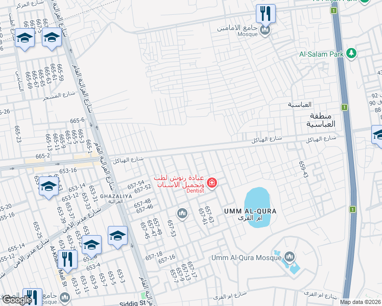 map of restaurants, bars, coffee shops, grocery stores, and more near شارع الغزالية العام in Baghdad