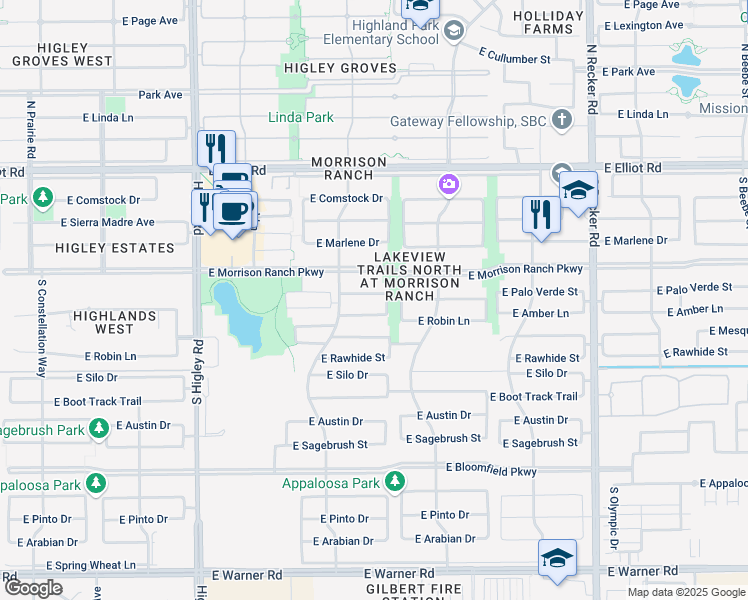 map of restaurants, bars, coffee shops, grocery stores, and more near 3541 East Amber Lane in Gilbert