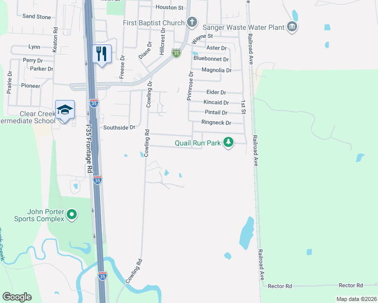map of restaurants, bars, coffee shops, grocery stores, and more near 306 Deer Run Drive in Sanger