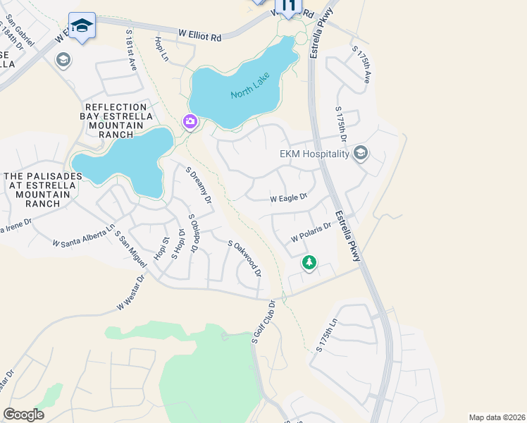 map of restaurants, bars, coffee shops, grocery stores, and more near 11186 South Indian Wells Drive in Goodyear