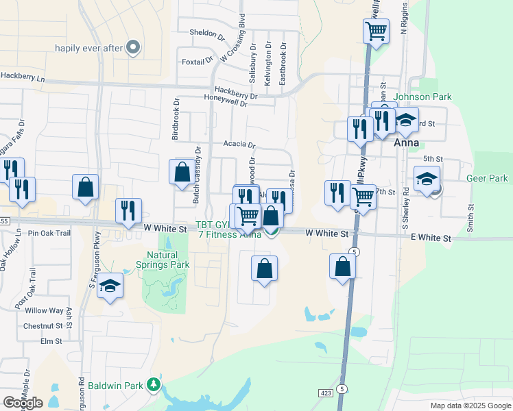 map of restaurants, bars, coffee shops, grocery stores, and more near 901 Bamboo Drive in Anna