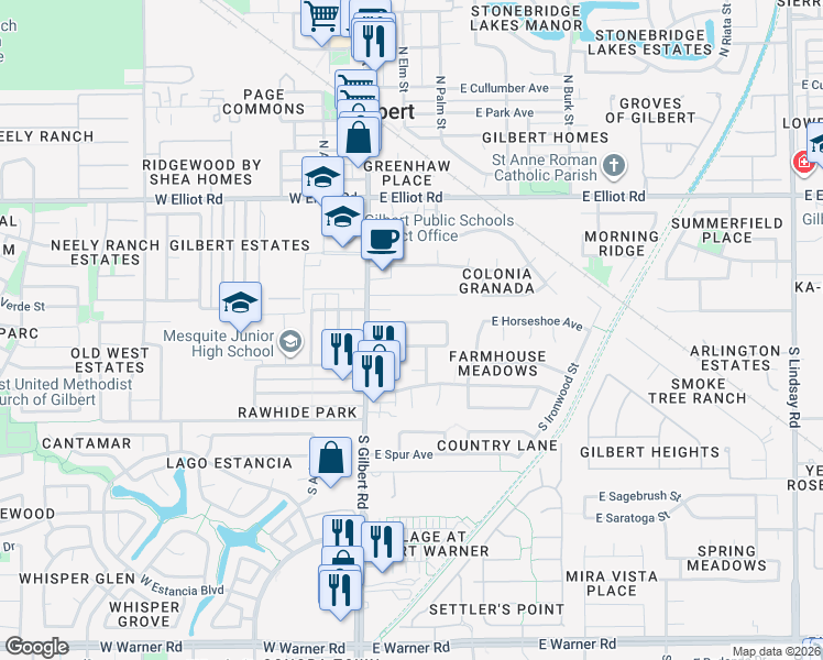 map of restaurants, bars, coffee shops, grocery stores, and more near 117 East Palo Blanco Way in Gilbert