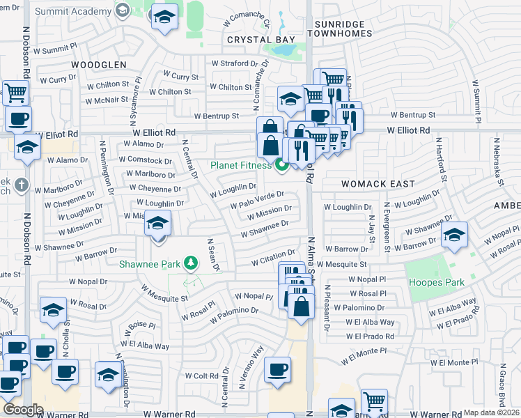 map of restaurants, bars, coffee shops, grocery stores, and more near 1125 West Mission Drive in Chandler