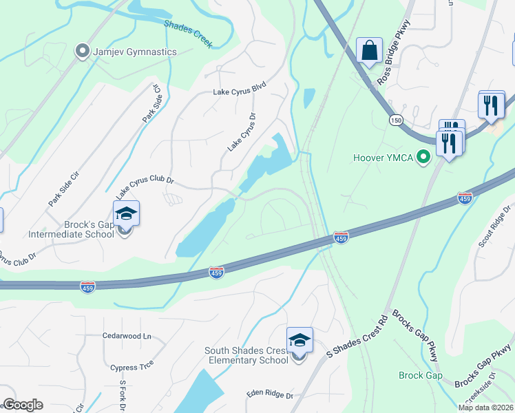 map of restaurants, bars, coffee shops, grocery stores, and more near 5916 Waterscape Pass in Hoover
