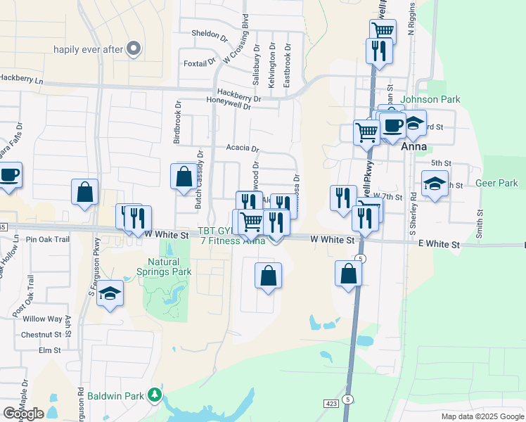 map of restaurants, bars, coffee shops, grocery stores, and more near 816 Bamboo Drive in Anna