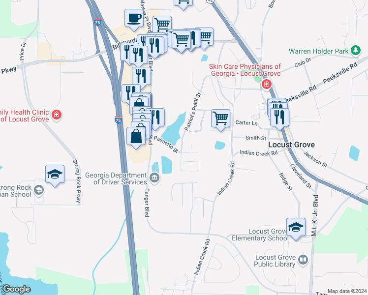 map of restaurants, bars, coffee shops, grocery stores, and more near 771 Patriots Point Street in Locust Grove