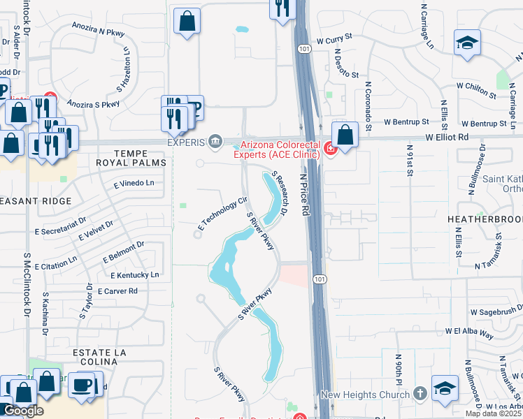 map of restaurants, bars, coffee shops, grocery stores, and more near 7855 South River Parkway in Tempe