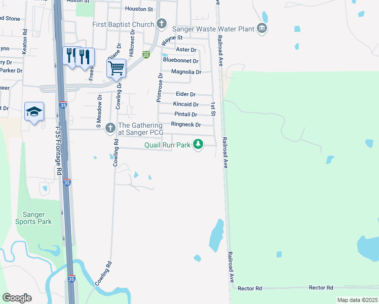 map of restaurants, bars, coffee shops, grocery stores, and more near 123 Teal Road in Sanger