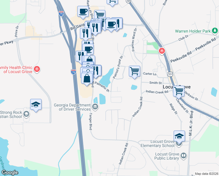 map of restaurants, bars, coffee shops, grocery stores, and more near 770 Patriots Point Street in Locust Grove