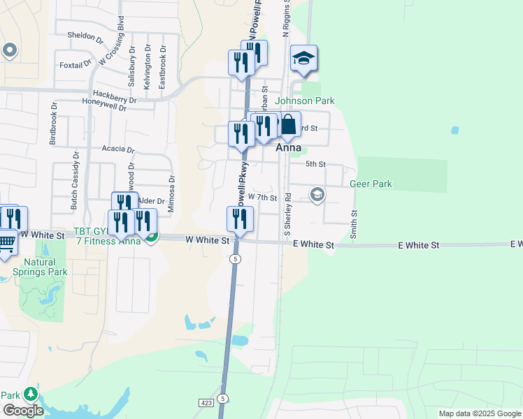 map of restaurants, bars, coffee shops, grocery stores, and more near 206 West 7th Street in Anna