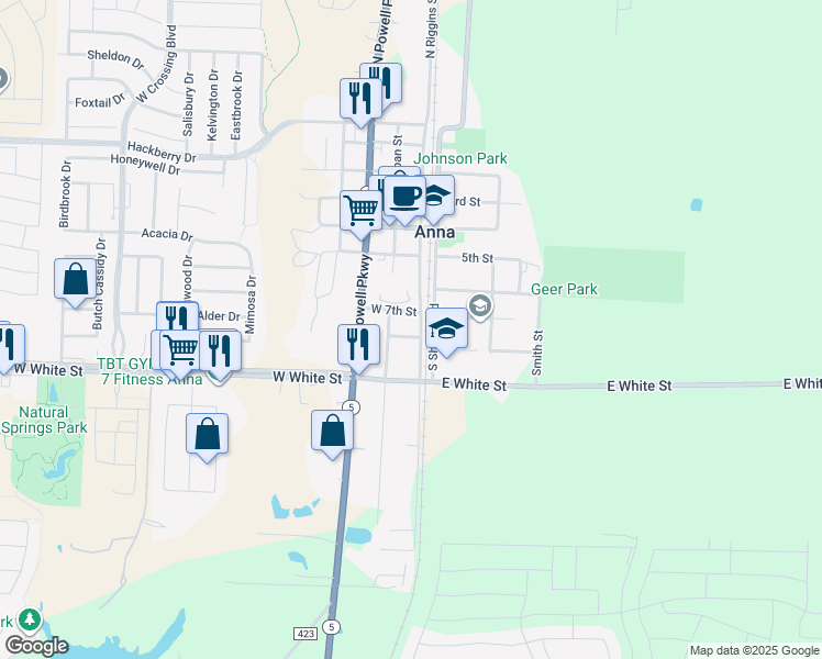 map of restaurants, bars, coffee shops, grocery stores, and more near 124 West 7th Street in Anna