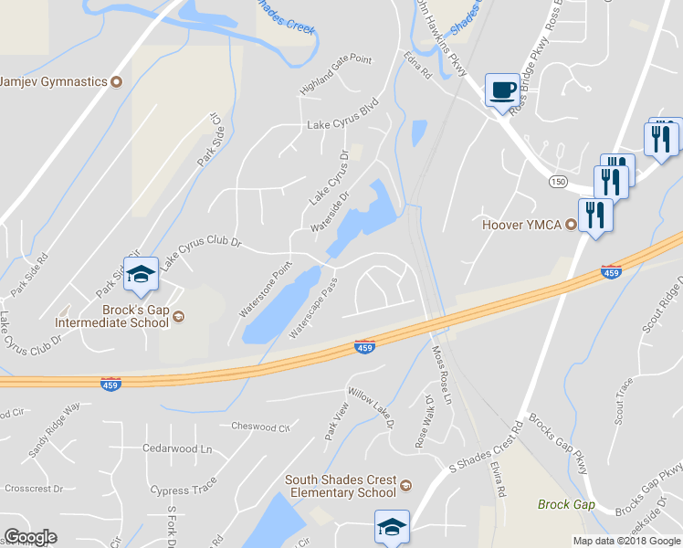 map of restaurants, bars, coffee shops, grocery stores, and more near 5900 Waterscape Pass in Hoover