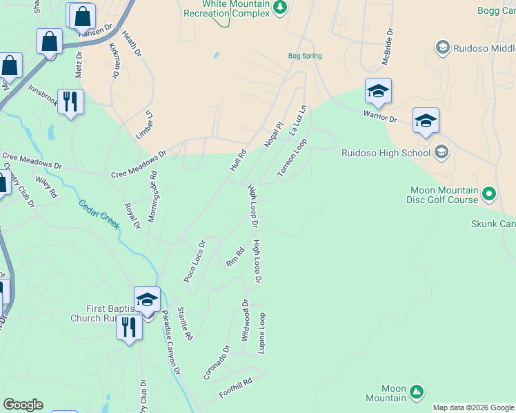map of restaurants, bars, coffee shops, grocery stores, and more near 101-111 White Oaks Rd in Ruidoso